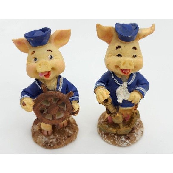Sailor Pig figurines with anchor, helm. LOT OF 2 Resin 2.5in tall. Vintage Farm - Picture 5 of 13